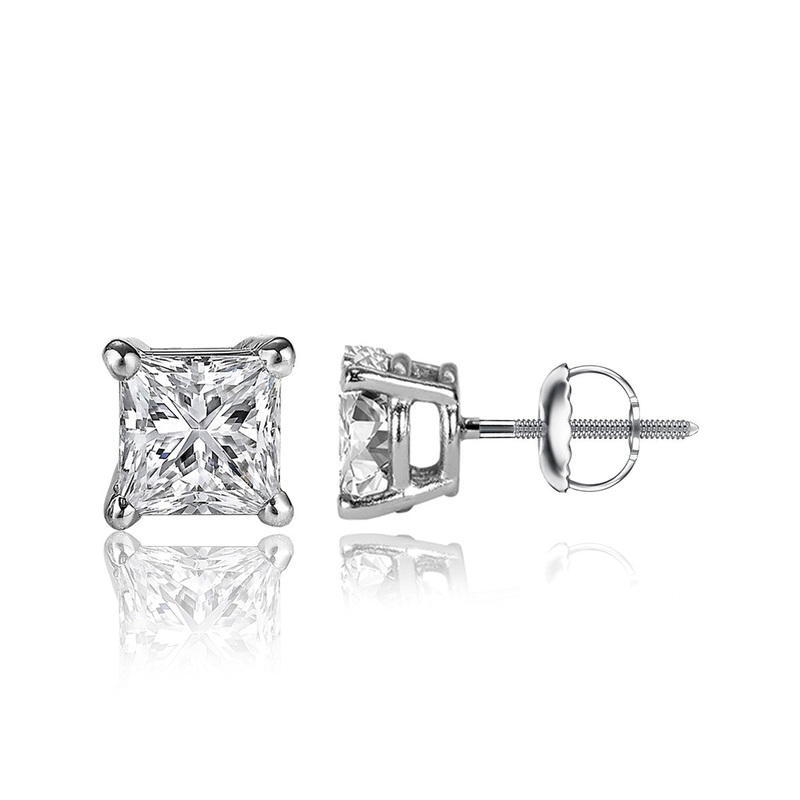 1 Carat Princess Cut 14K White Gold 4 Prong Basket Set Diamond Solitaire Stud Earrings (Classic Quality) Screw Back