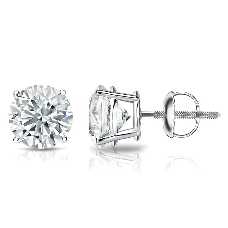 2 Carat Round 14K White Gold 4 Prong Basket Set Diamond Solitaire Stud Earrings G-I Color | SI2 Clarity Screw Back